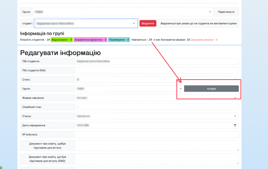 Історія груп здобувача