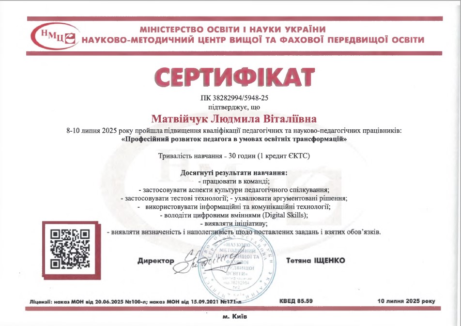 Професійний розвиток педагога в умовах освітніх трансформацій