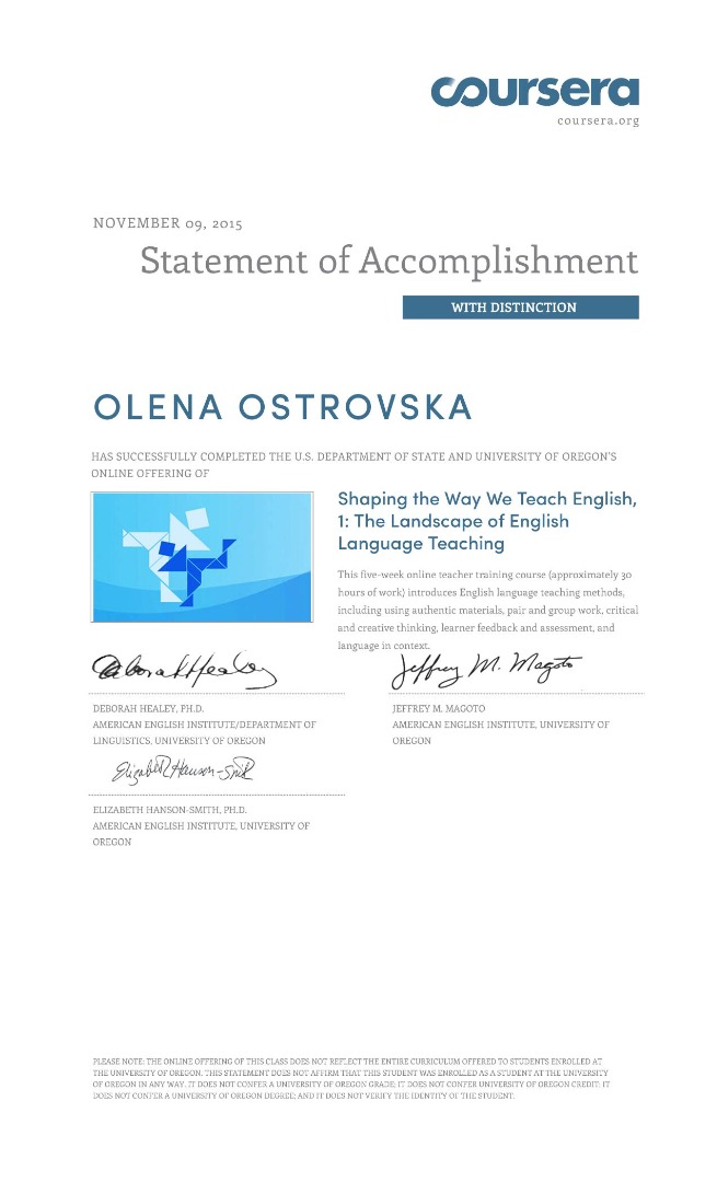 Coursera. Shaping the way we teach English, 1: The Landscape of English Language Teaching.