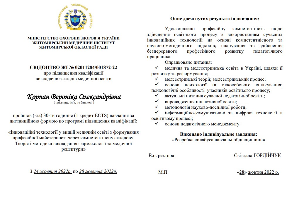 Іноваційні технології у вищій медичній освіті з формування професійної майстерності через компетентнісну складову. Теорія і методика викладання фармакології та медичної рецептури.