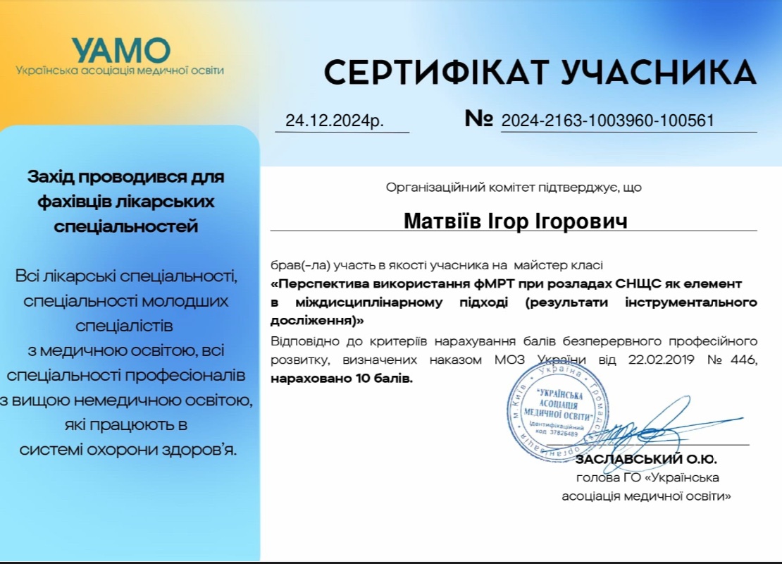 Перспективи використання фМРТ при розладах СНЩС як елемент в міждисциплінарному підході (результати інструментального дослідження"