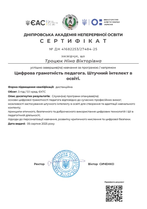 навчання за програмою/напрямом "Цифрова грамотність педагога, ШІ в освіті"