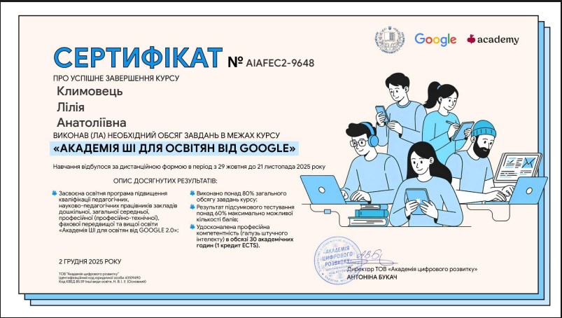 Участь в онлайн курсі підвищення кваліфікації «Академія ШІ для освітян від GOOGLE 2.0».,