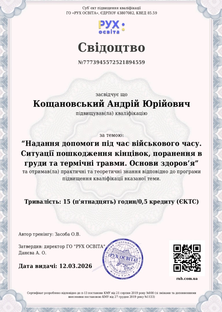 Надання допомоги під час військового часу. Ситуації пошкодження кінцівок, поранення в груди та термічні травми. Основи здоров’я