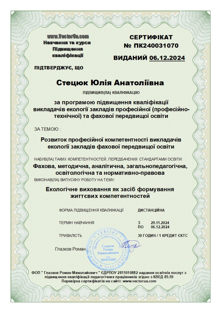 Розвиток професійної компетентності викладачів екології закладів фахової передвищої освіти