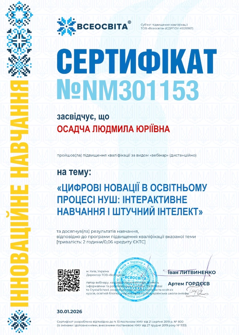 Цифрові новації в освітньому процесі НУШ :інтерактивне навчання і штучний інтелект.