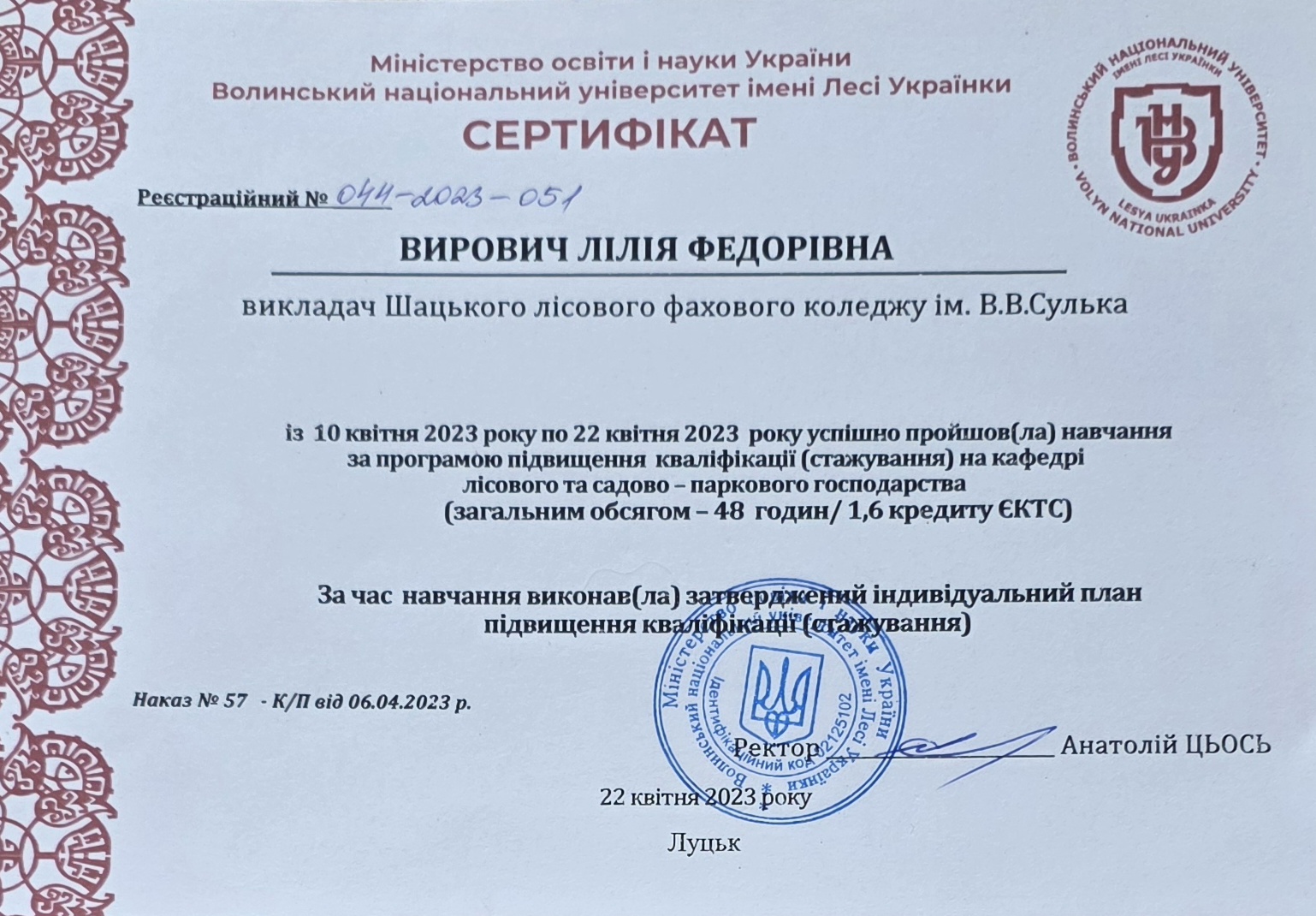 Міністерство освіти і науки України Волинський національний університет імені Лесі Українки підвищення кваліфікації