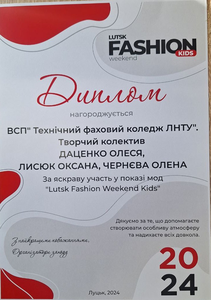 Диплом учасника фешн показу