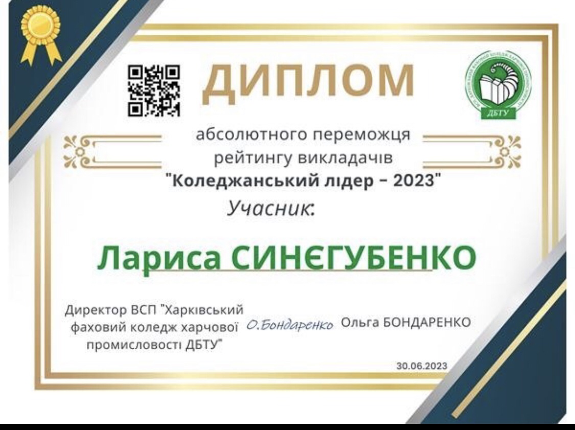 Диплом абсолютного переможця рейтингу викладачів "Коледжанський лідер -2023"