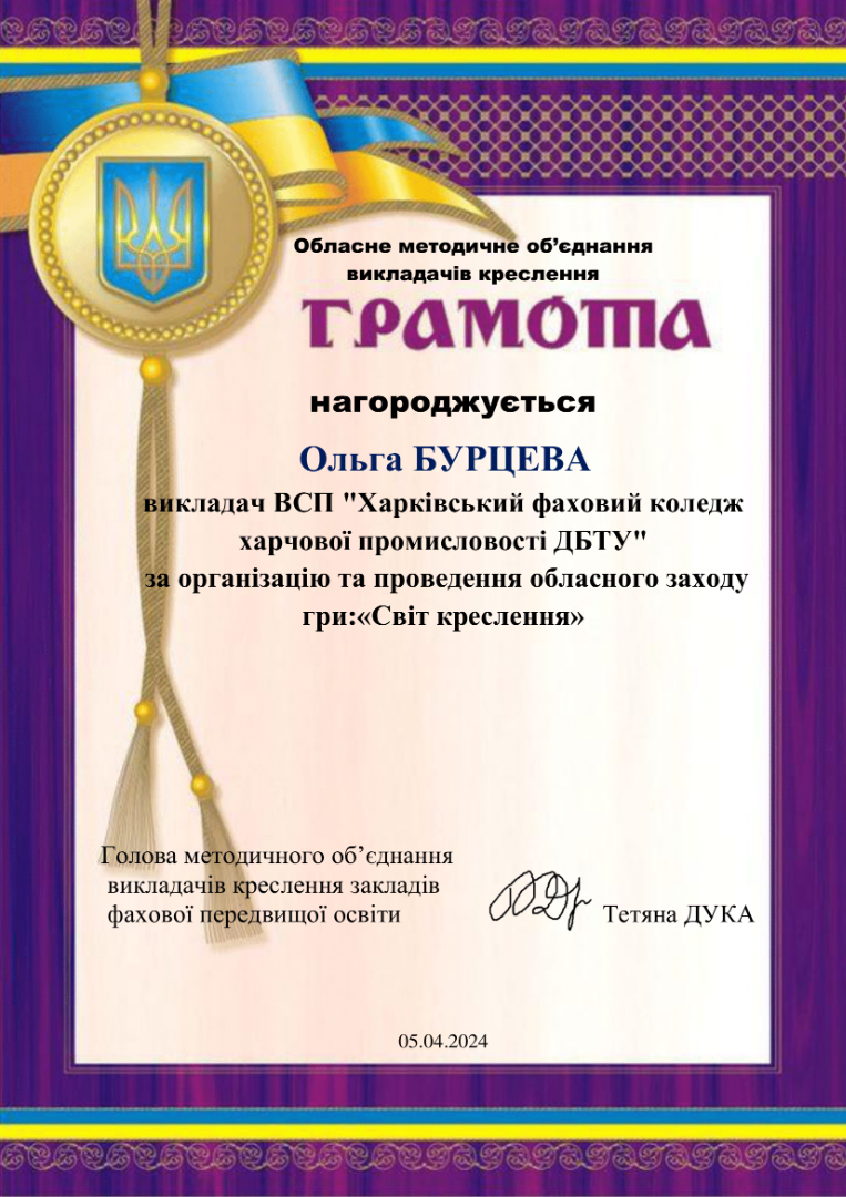 ГРАМОТА за  організацію та проведення обласного заходу гри:«Світ креслення»