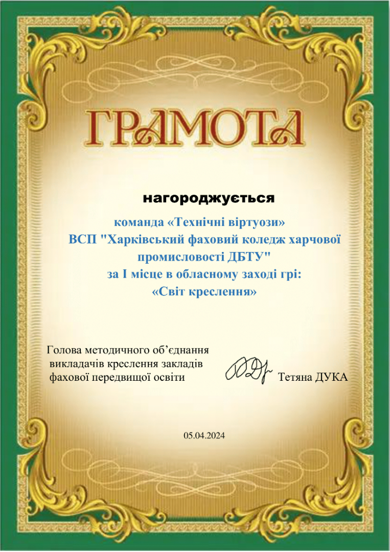 ГРАМОТА нагороджується  команда «Технічні віртуози» ВСП "Харківський фаховий коледж харчової промисловості ДБТУ" за І місце в обласному заході грі: «Світ креслення»