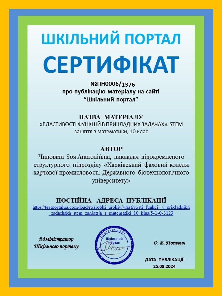 Публікація матеріалу на Шкільному порталі "ВЛАСТИВОСТІ ФУНКЦІЙ В ПРИКЛАДНИХ ЗАДАЧАХ"