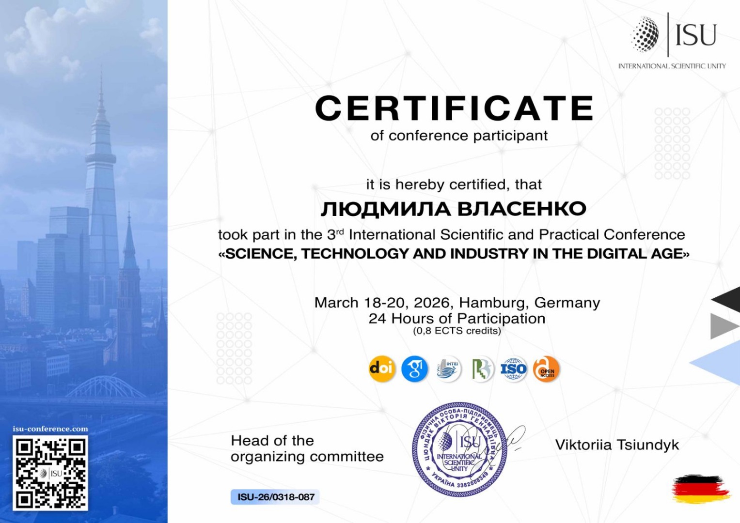 Сертифікат учасника 3 Міжнародної науково-практичної конференції Science, Technology and Industry in the Digital Age
