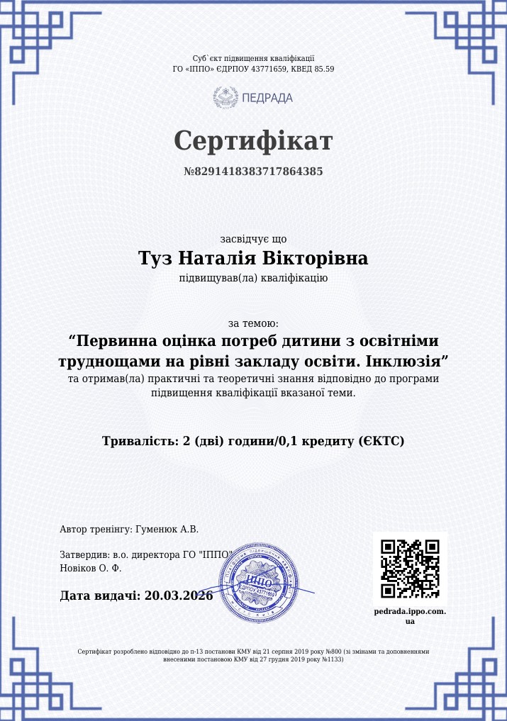 Сертифікат підвищення кваліфікації за темою:  «Первинна оцінка потреб дитини з освітніми труднощами на рівні закладу освіти. Інклюзія»