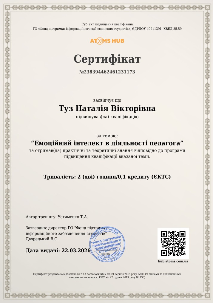 Сертифікат підвищення кваліфікації за темою:  «Емоційний інтелект в діяльності педагога»