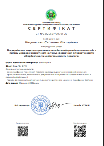 Сертифікат.Всеукраїнська науково-практична онлайн-конференція для педагогів з питань цифрової грамотності на тему: «Безпечний інтернет в освіті: кібербезпека та медіаграмотність педагога»