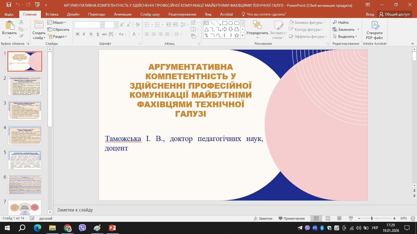Участь у педагогічних читаннях (тема доповіді: "Аргументативна компетентність у здійсненні професійної комунікації майбутніми фахівцями технічної галузі")