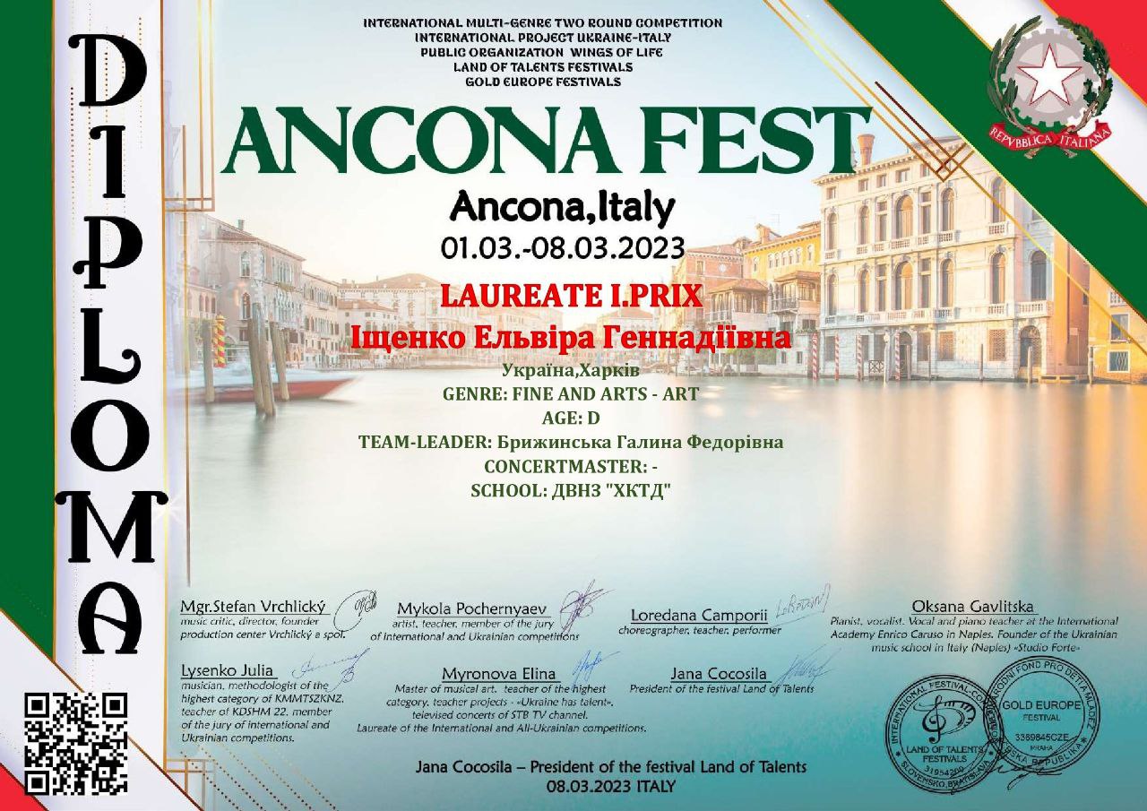 Міжнародний двотуровий конкурс мистецтв "ANCONA FEST" Міжнародного проекту Україна-Італія