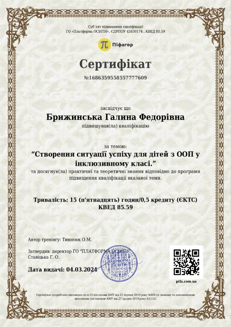 "Створення ситуації успіху для дітей з ООП у інклюзивному класі."