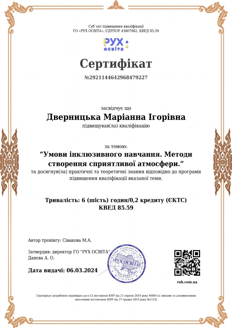 Підвищення кваліфікації за темою "Умови інклюзівного навчання. Методи створення сприятливої атмосфери"