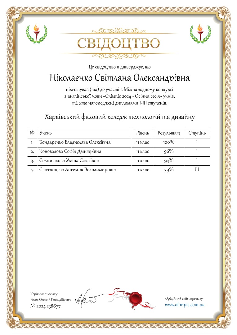 Свідоцтво про підготовку 4 переможців в Міжнародному конкурсі з англійської мови "Олімпіс 2024 - Осіння сесія"