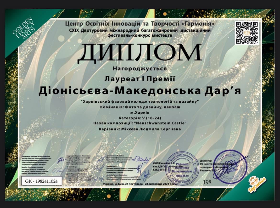 -	Центр Освітніх Іновацій та творчості «Гармонія» ХІХ Двотуровий міжнародний багатожанровий дистанційний фестиваль конкурс мистецтв  -	Лауреат-1 премії