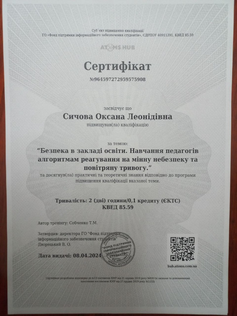 " Безпека в закладі освіти. Навчання педагогів алгоритмам реагування на мінну небезпеку та повітряну тривогу"