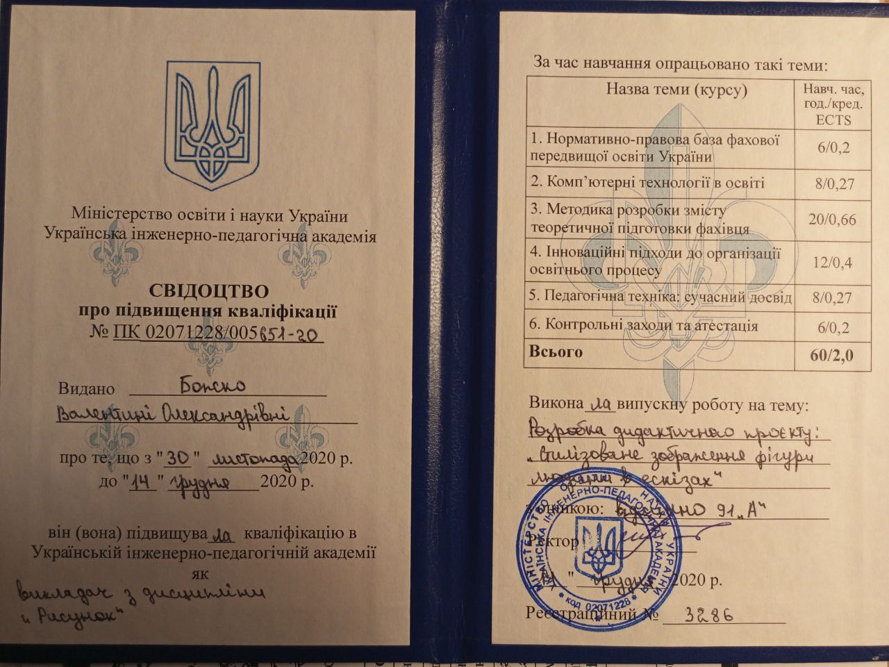 Свідотство про підвищення кваліфікації з дисциплін "Рисунок"