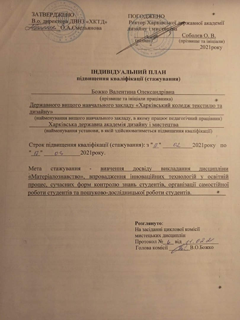 Стажування. Дисципліна Матеріалознавство. Інд.план